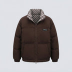 Women's short thermal puffer jacket with checked reversible lining and high stand-up collar