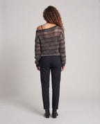 Women Casual Off-Shoulder Fluffy Sweater with Lace Stripes Fashion Glam