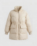 Women's feminine A-line quilted parka with adjustable drawstring, high stand-up collar, and large flap pockets