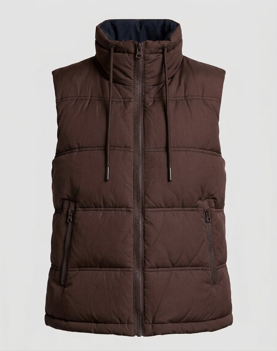 Women's quilted sleeveless thermal vest with high stand-up collar and adjustable hem