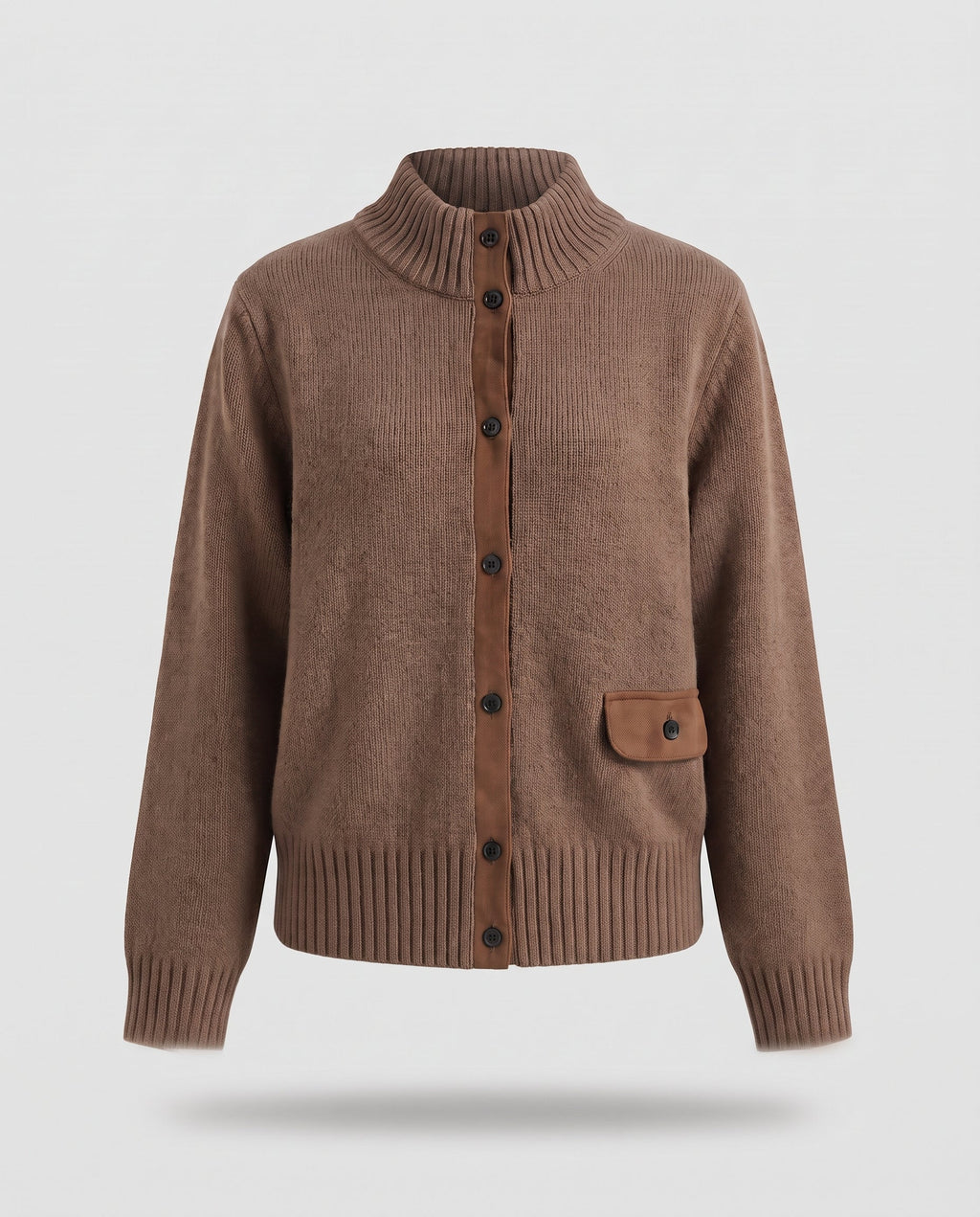 Ladies wool blend cardigan with stand-up collar, full button placket and patch pockets.
