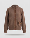 Ladies wool blend cardigan with stand-up collar, full button placket and patch pockets.