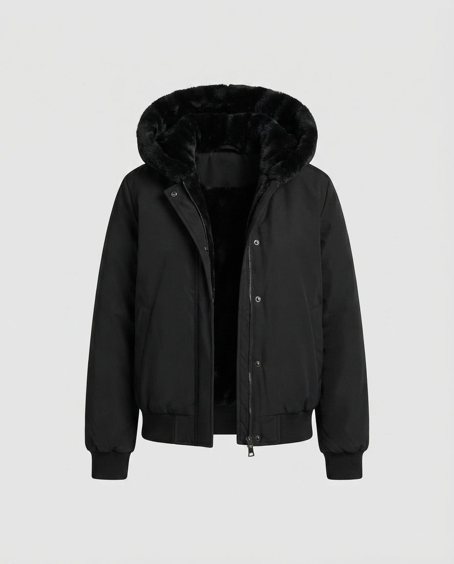 Women’s padded hooded bomber jacket with warm teddy lining and elastic ribbed cuffs