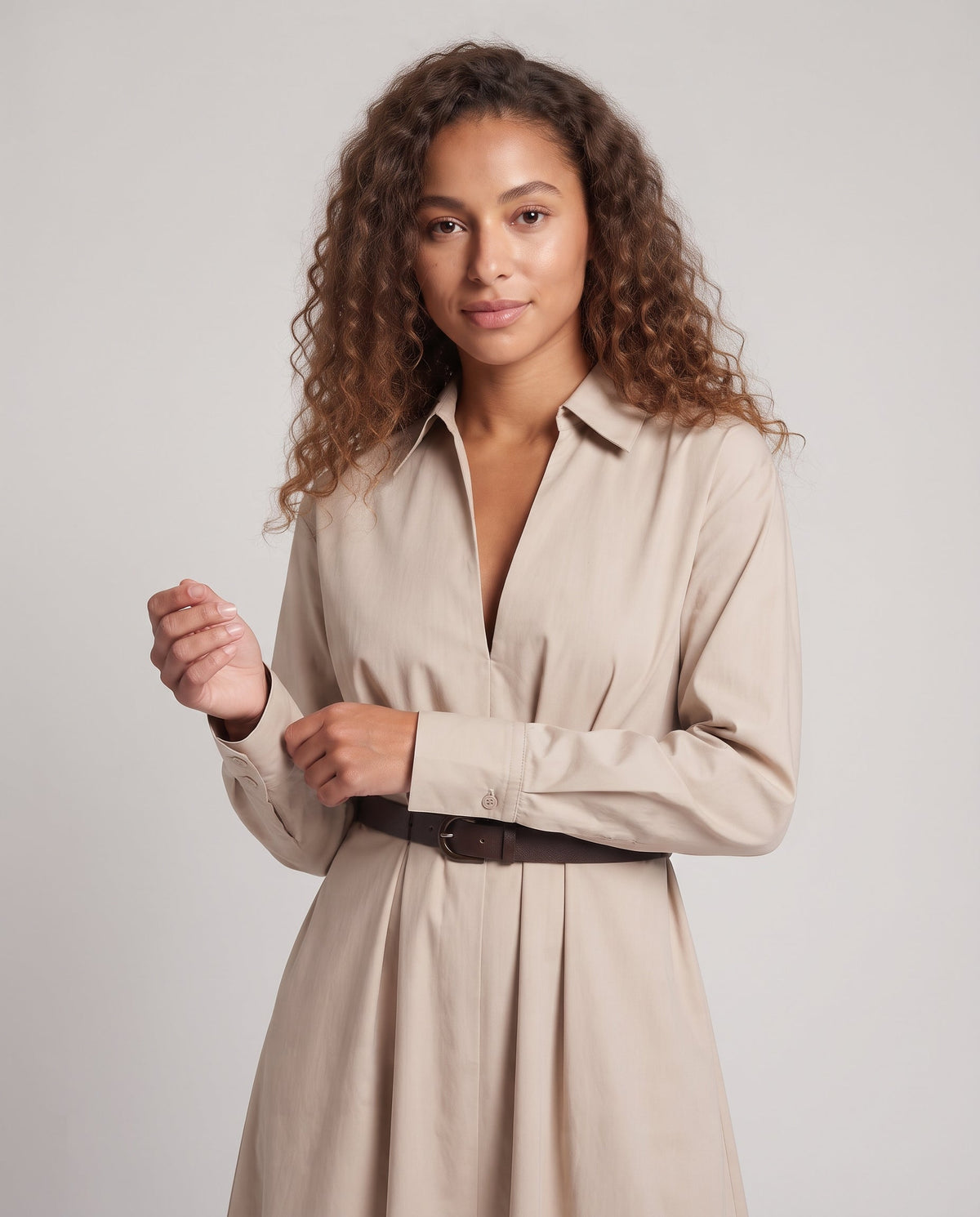 Women Long Draped Shirt Dress with Waist Pleats and Belt Fashion Glam
