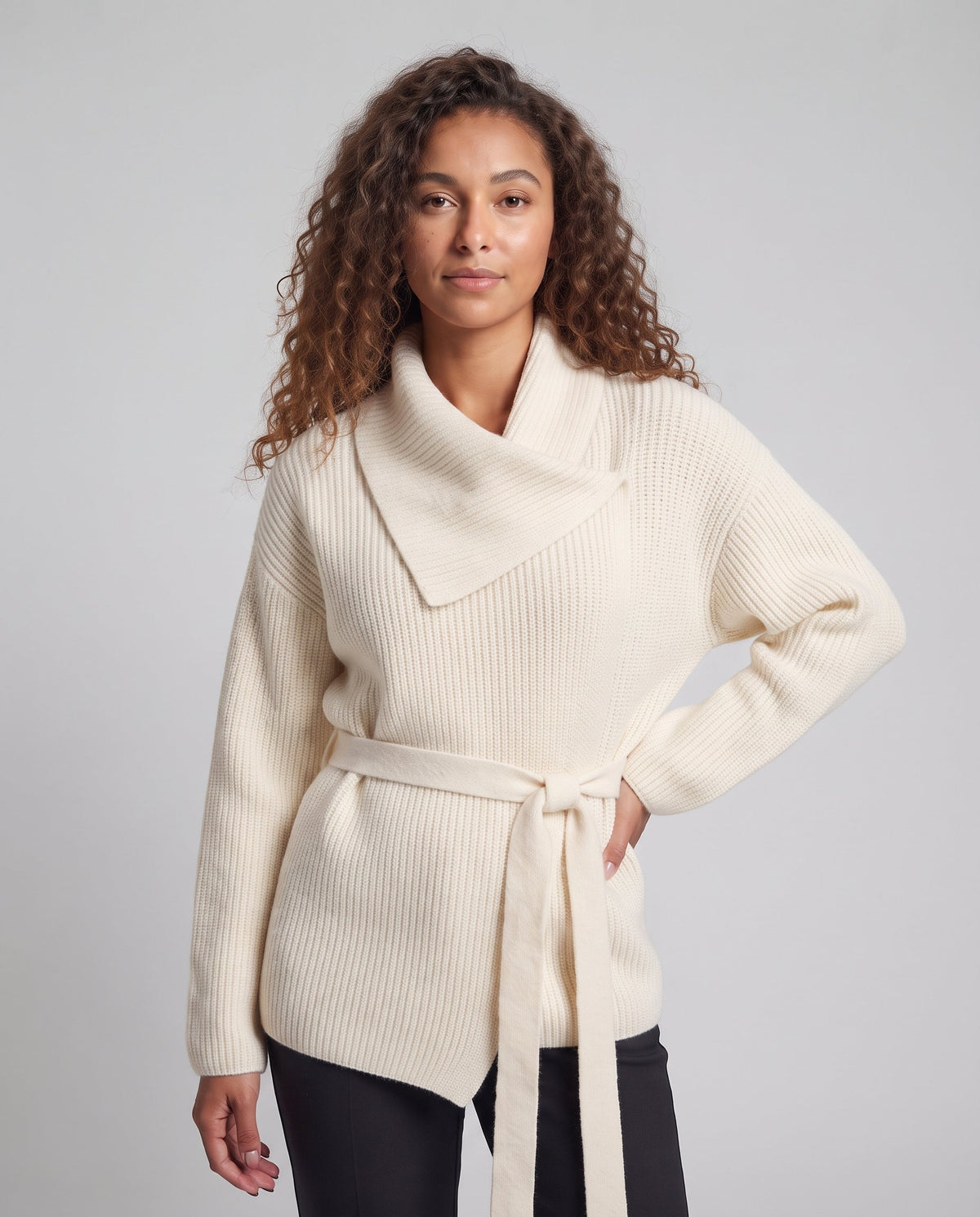 Women's Wrap Cardigan with Wide Shawl Collar and Tie Belt Fashion Glam