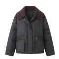 Women's short cut thermo bomber jacket with wide cord collar and contrasting cuffs