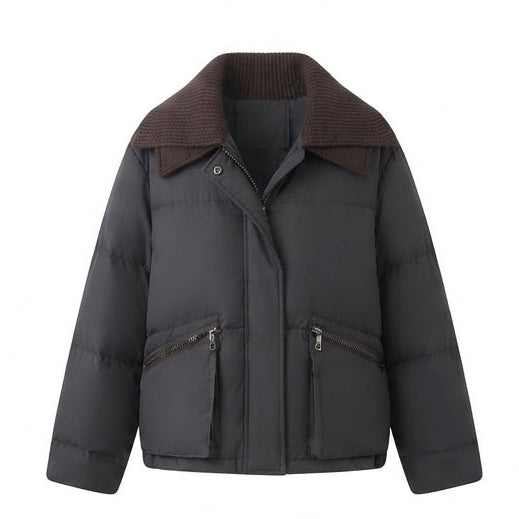 Women's short cut thermo bomber jacket with wide cord collar and contrasting cuffs