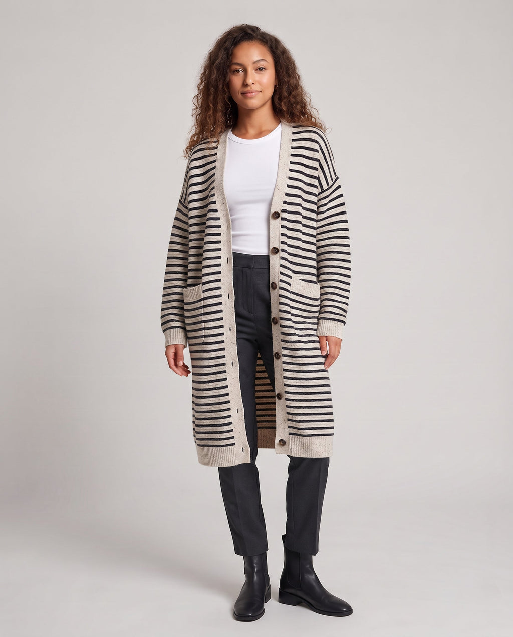 Women Longline Knit Cardigan with Horizontal Stripe Pattern and Patch Pockets Fashion Glam
