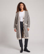 Women Longline Knit Cardigan with Horizontal Stripe Pattern and Patch Pockets Fashion Glam