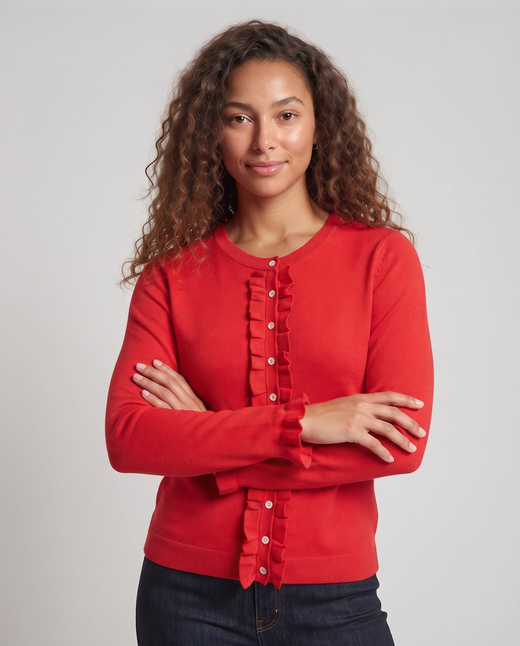 Ladies finely knitted cardigan with ruffled button placket and ruffled cuffs Fashion Glam