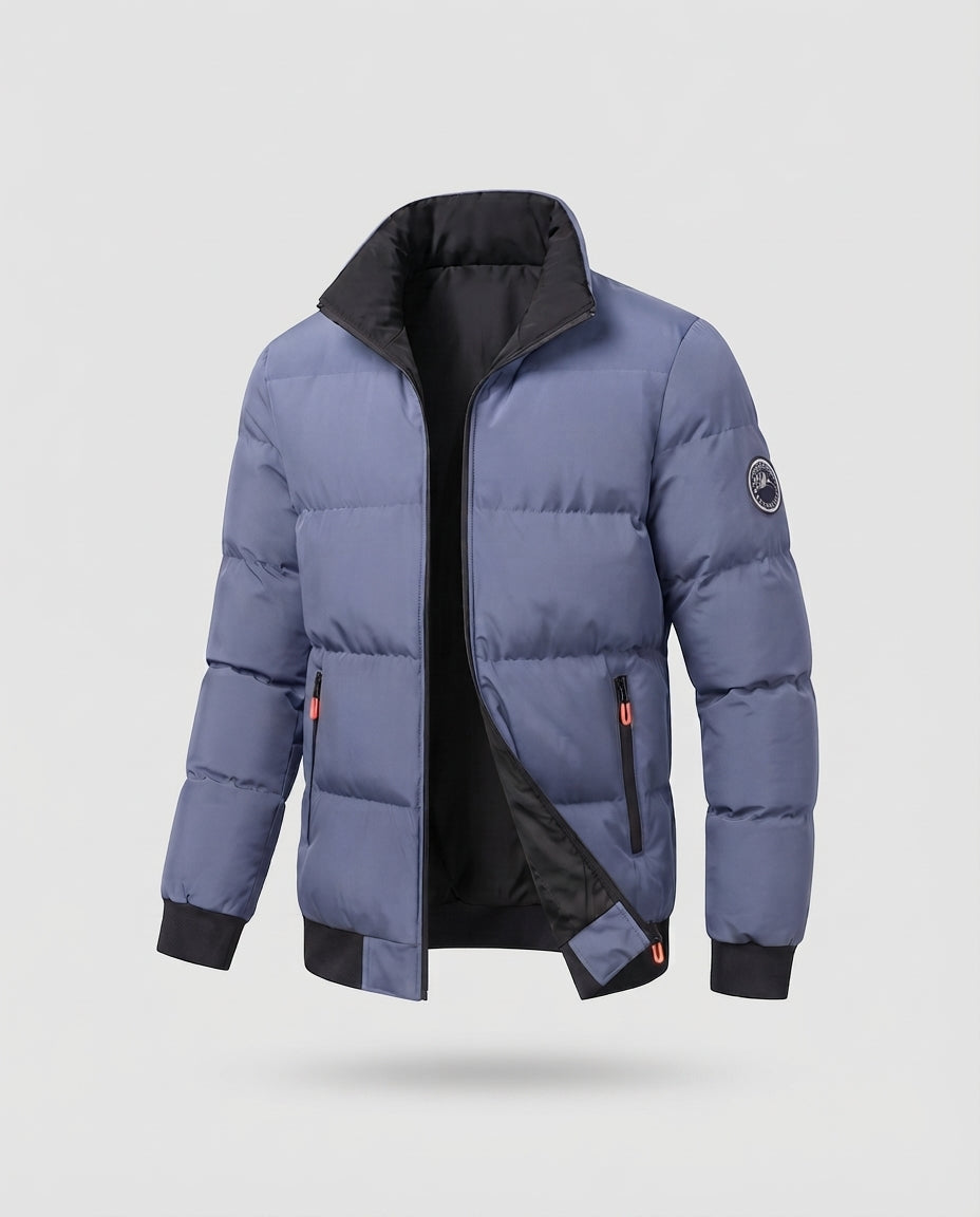 Men's Modern City Puffer with high closed collar, thermal insulation padding, concealed two-way zipper, and zip pockets