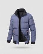 Men's Modern City Puffer with high closed collar, thermal insulation padding, concealed two-way zipper, and zip pockets