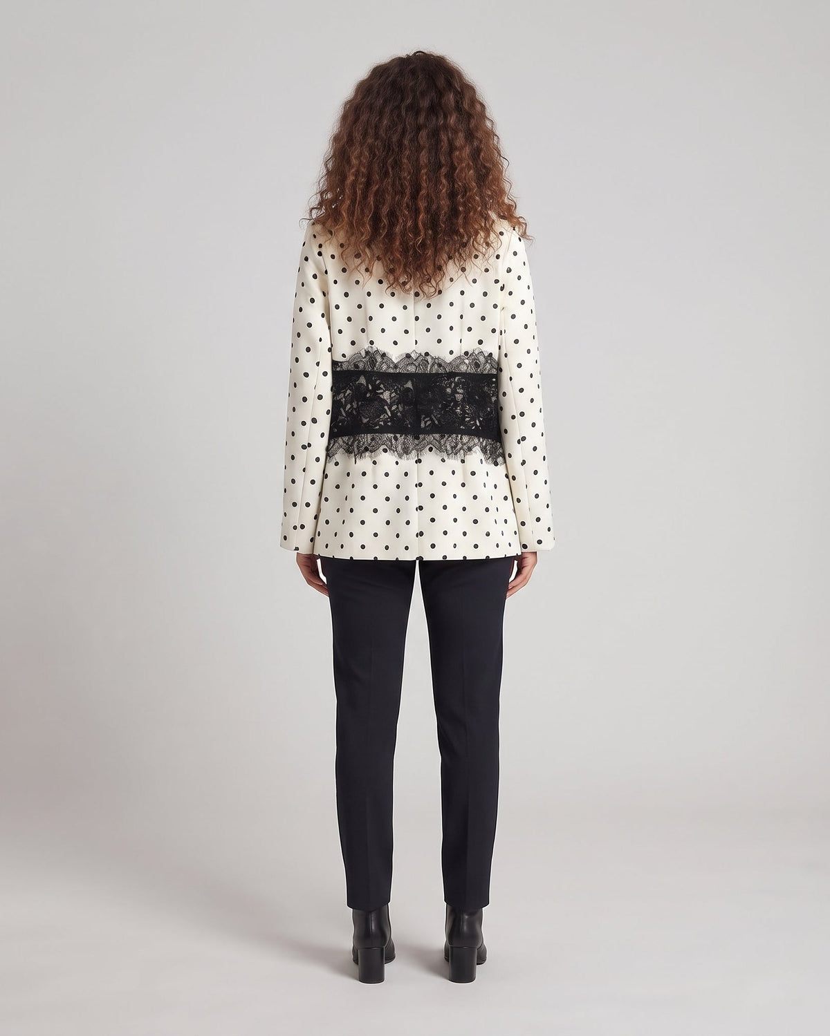 Women's Tailored Blazer with V-Neck, Polka Dot Pattern and Black Lace Corset Insert Fashion Glam