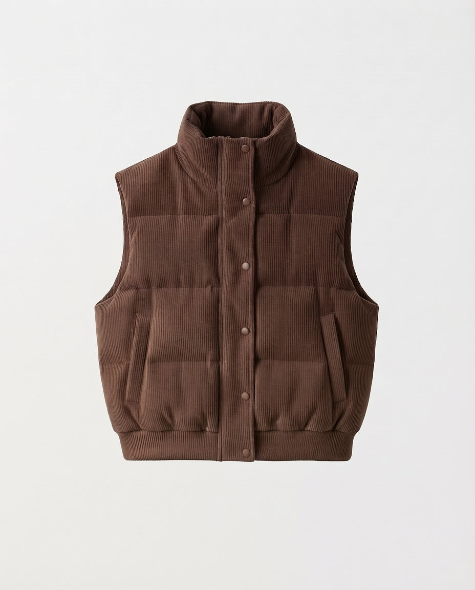 Women's short corduroy quilted vest with high shawl collar and press stud placket