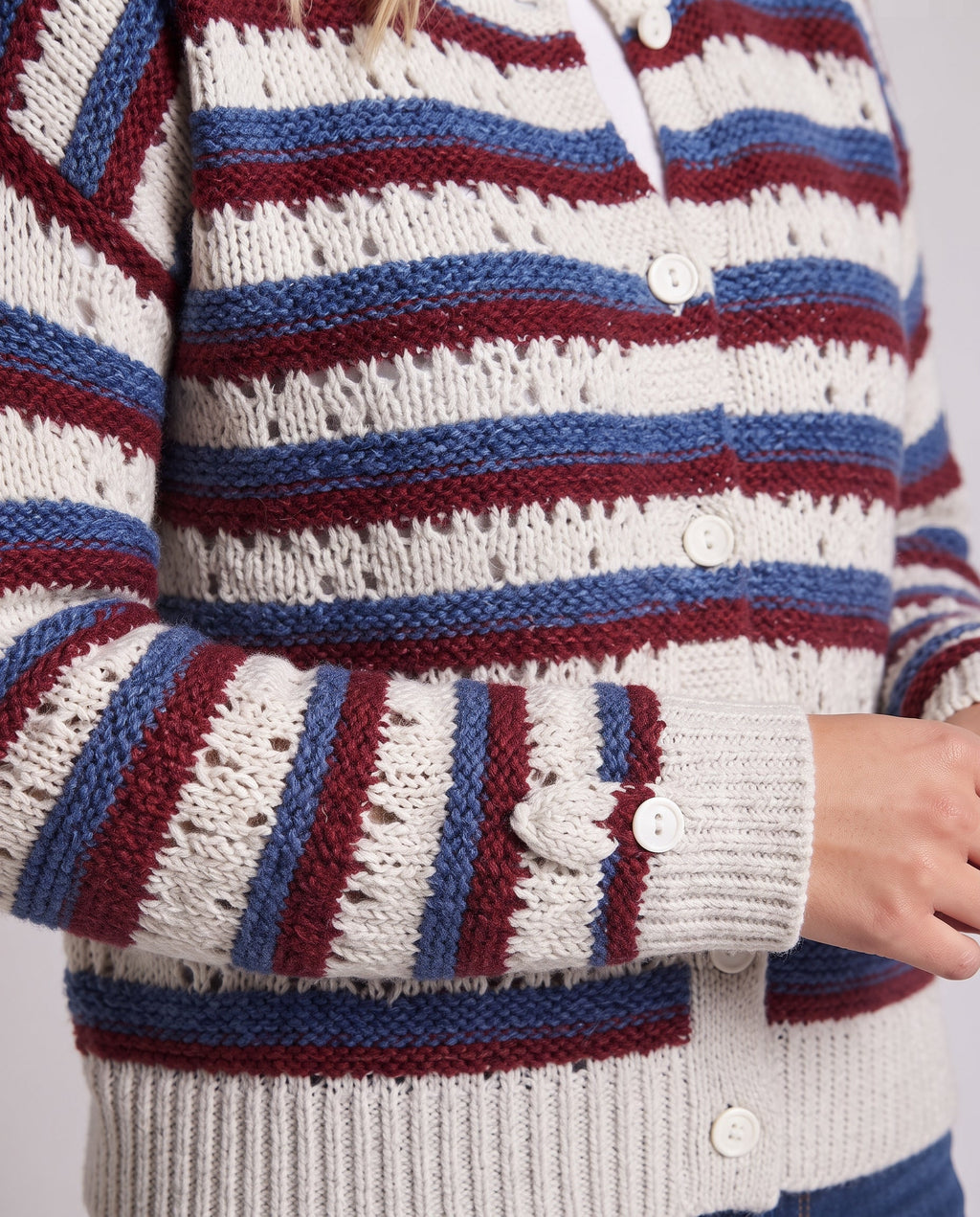 Women Striped Open Knit Cardigan with Button Closure and Ribbed Cuffs Fashion Glam