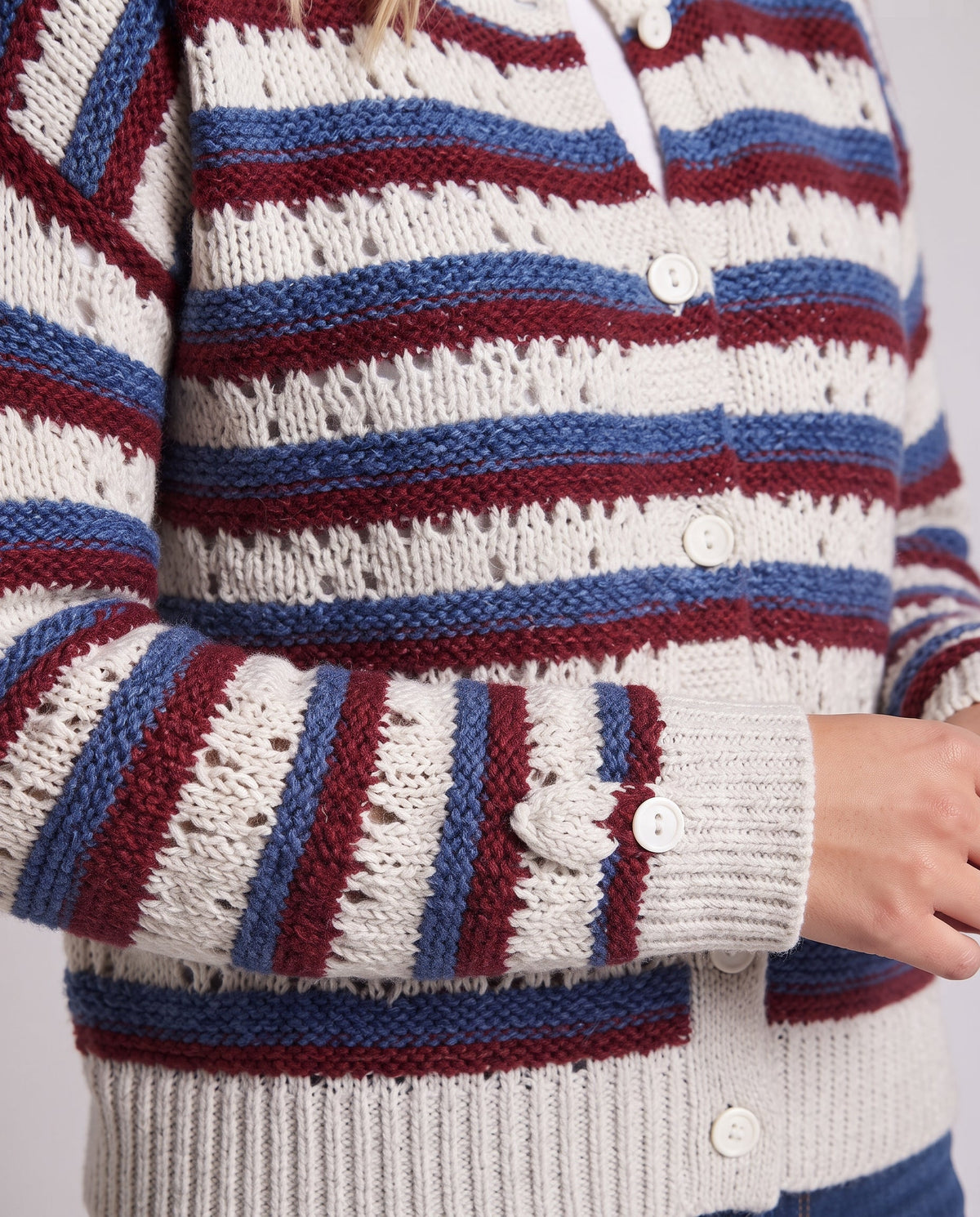 Women Striped Open Knit Cardigan with Button Closure and Ribbed Cuffs Fashion Glam
