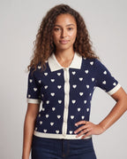 Women's Short-Sleeve Fine Knit Cardigan in Polo Shirt Style with Heart Jacquard Fashion Glam