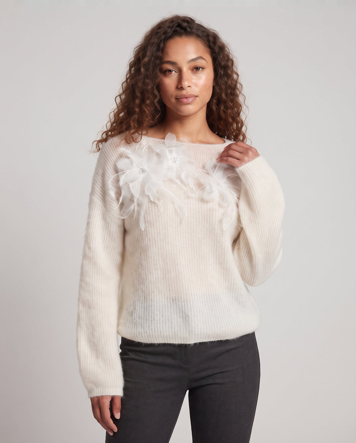 Women's Delicate Mohair-Mix Crew Neck Sweater with Applied Organza Flowers Fashion Glam