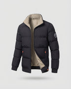 Men's Modern City Puffer with high closed collar, thermal insulation padding, concealed two-way zipper, and zip pockets
