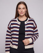 Women Oversized Lattice Knit Cardigan with Button Placket and Striped Structure Fashion Glam