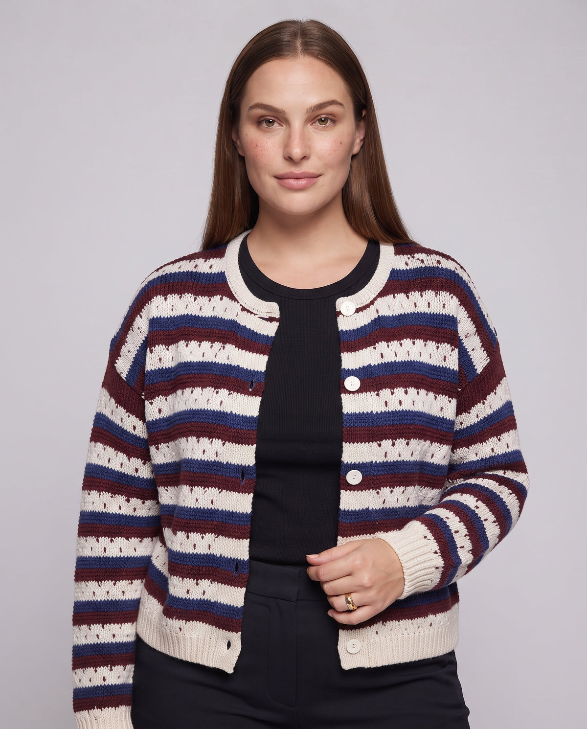 Women Oversized Lattice Knit Cardigan with Button Placket and Striped Structure Fashion Glam