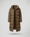 Women’s extra long quilted thermal coat with concealed two-way zipper, ergonomic hood, and side movement zippers