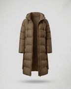 Women’s extra long quilted thermal coat with concealed two-way zipper, ergonomic hood, and side movement zippers