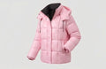 Women's shiny quilted jacket with integrated hood, two-way zipper, and thermal padding