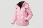 Women's shiny quilted jacket with integrated hood, two-way zipper, and thermal padding
