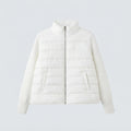 Women's short-cut hybrid quilted cardigan with quilted front, knitted sleeves and high stand-up collar