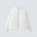 Women's short-cut hybrid quilted cardigan with quilted front, knitted sleeves and high stand-up collar