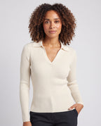 Women's fitted ribbed fine knit pullover with V-neck and polo collar Fashion Glam
