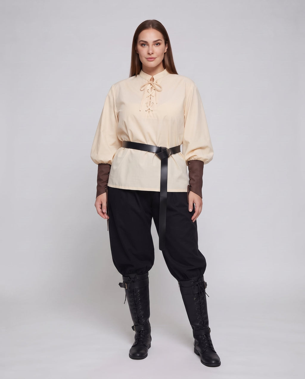 Women historical costume set with elegant laced blouse and wide pants Fashion Glam