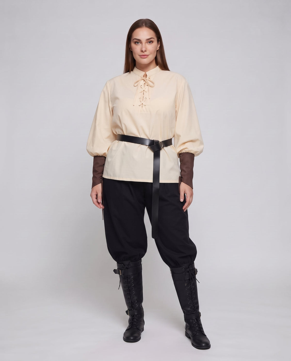 Women historical costume set with elegant laced blouse and wide pants Fashion Glam