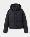Women's compact quilted jacket with extra voluminous hood and concealed snap button placket
