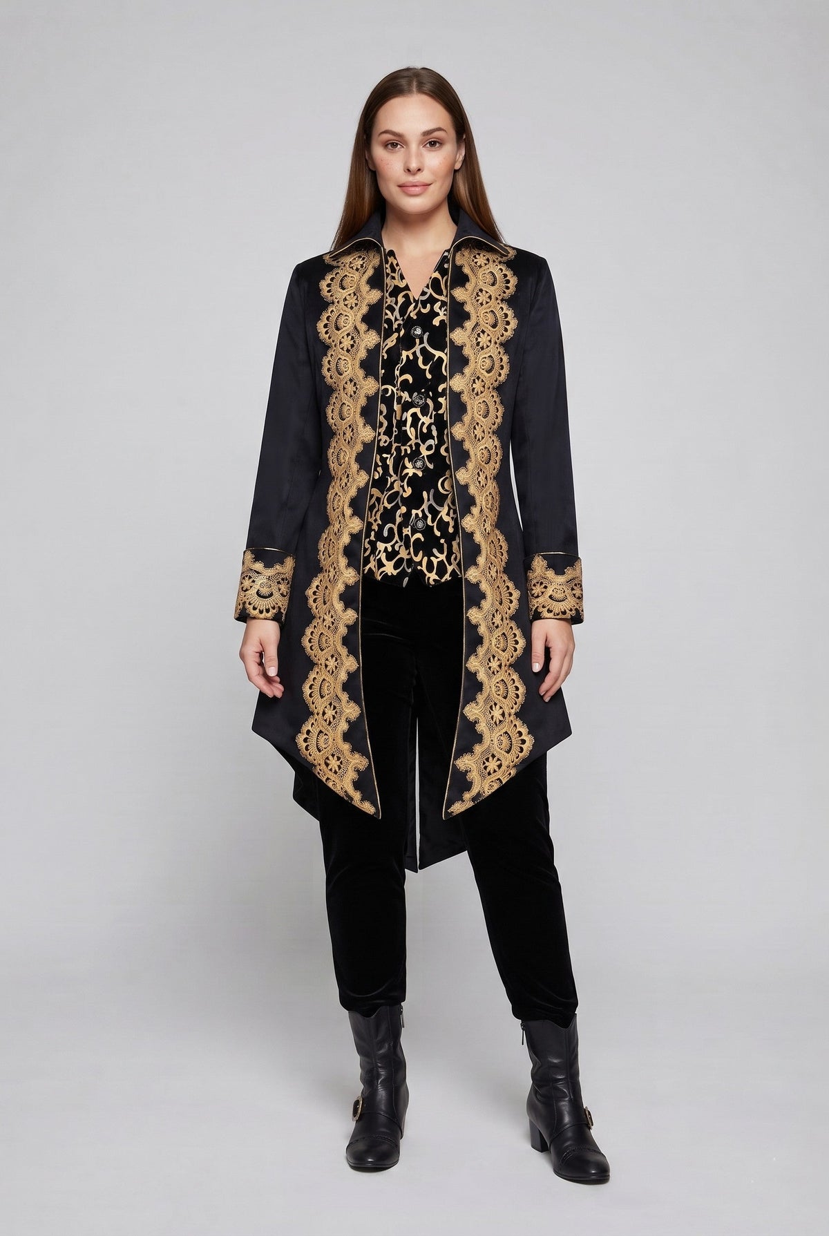 Women's elegant tailcoat with fine gold embroidery and asymmetrical hem Fashion Glam