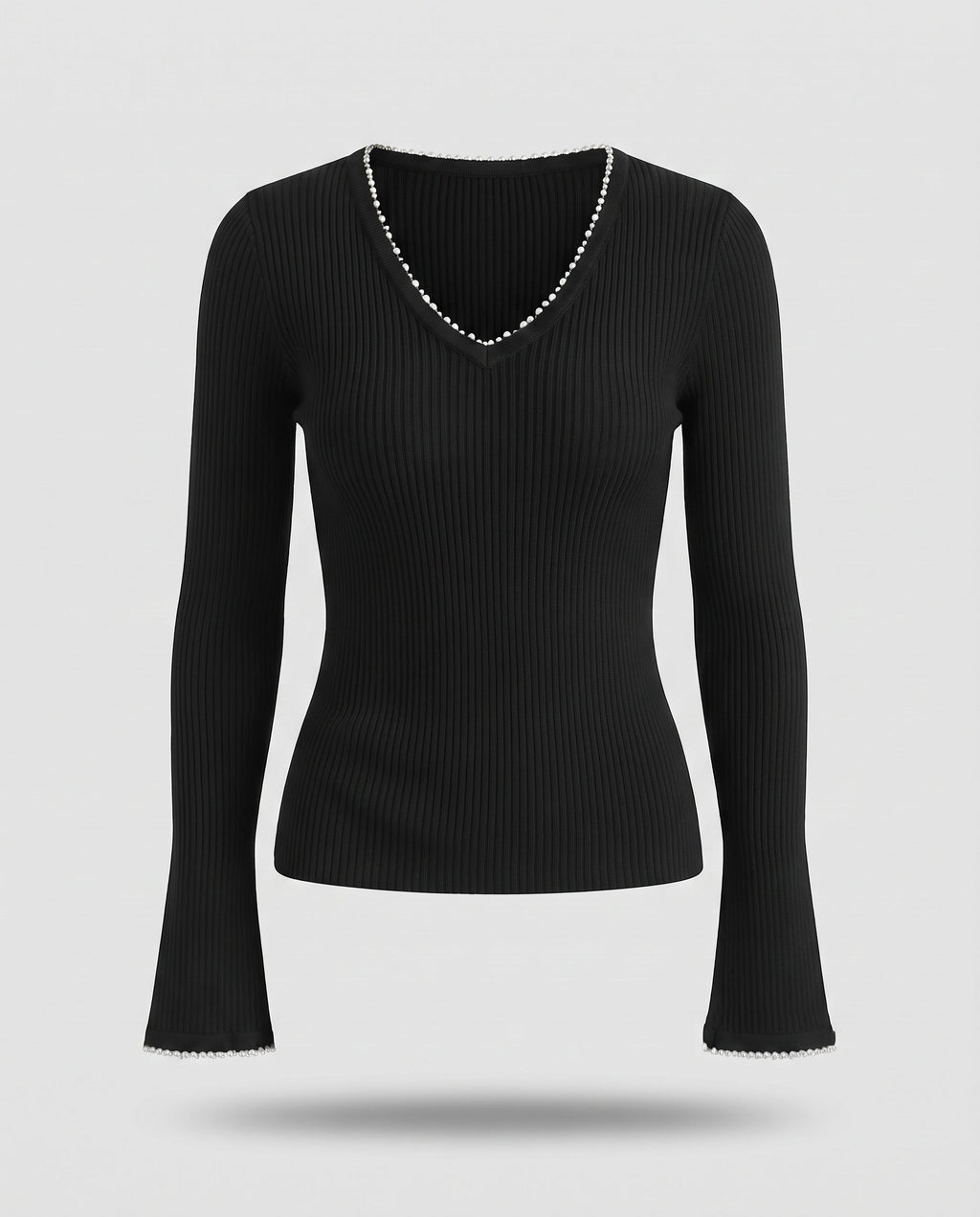 Ladies fine knit sweater with bead detailing at the V-neck Fashion Glam