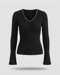 Ladies fine knit sweater with bead detailing at the V-neck Fashion Glam