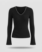 Ladies fine knit sweater with bead detailing at the V-neck Fashion Glam
