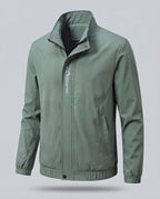 Men's lightweight microfiber windbreaker with stand-up collar, water-repellent surface, and concealed pockets