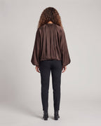 Women's Loose Satin Bomber Jacket with Balloon Sleeves and Gathered Front