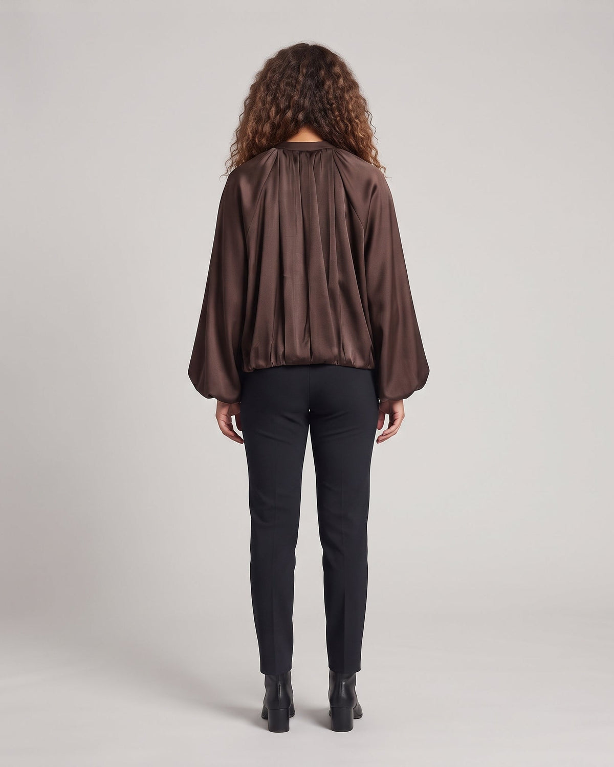 Women's Loose Satin Bomber Jacket with Balloon Sleeves and Gathered Front