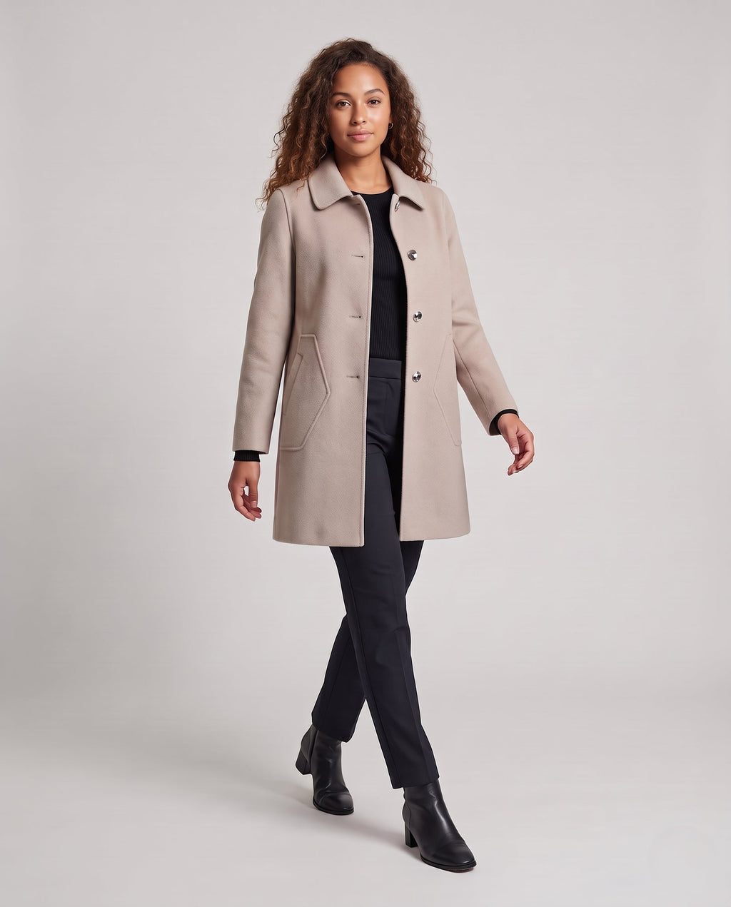 Ladies elegant mid-length wool blend coat with round neck collar and visible button placket Fashion Glam