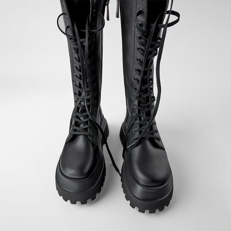 Fashion Glam | High Boots Women Black with Lacing Track Sole