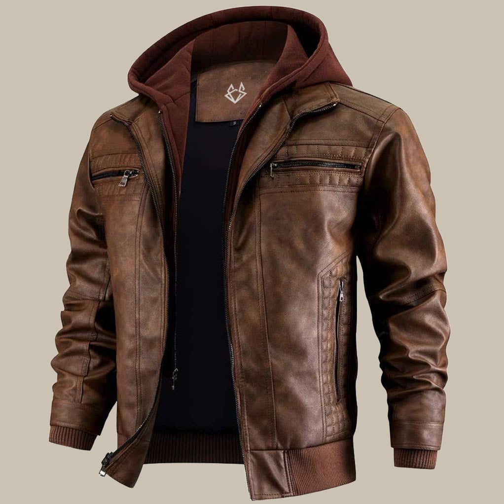 Fashion Glam | Premium high-quality leather jacket with hood for men