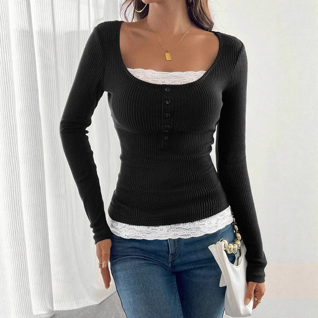 Women’s ribbed top with deep scoop neckline, decorative button placket and lace insert Fashion Glam