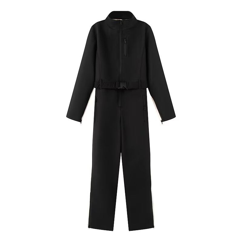 Women's Utility Overall with Waist Belt, Zippers and Stand-Up Collar Fashion Glam
