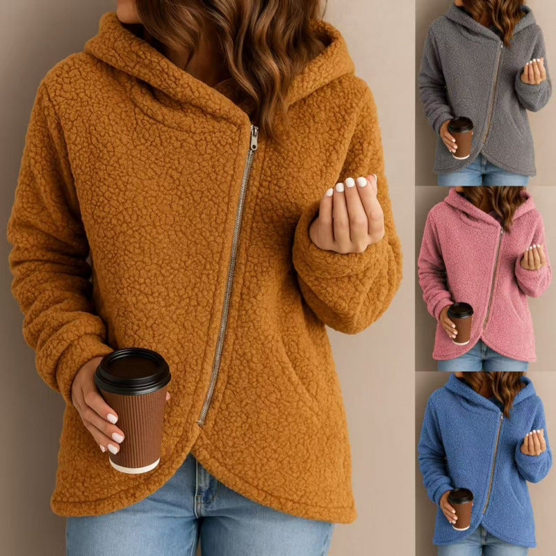 Women's teddy fleece jacket with asymmetrical zipper, hood and curved hem Fashion Glam