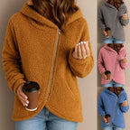 Women's teddy fleece jacket with asymmetrical zipper, hood and curved hem Fashion Glam