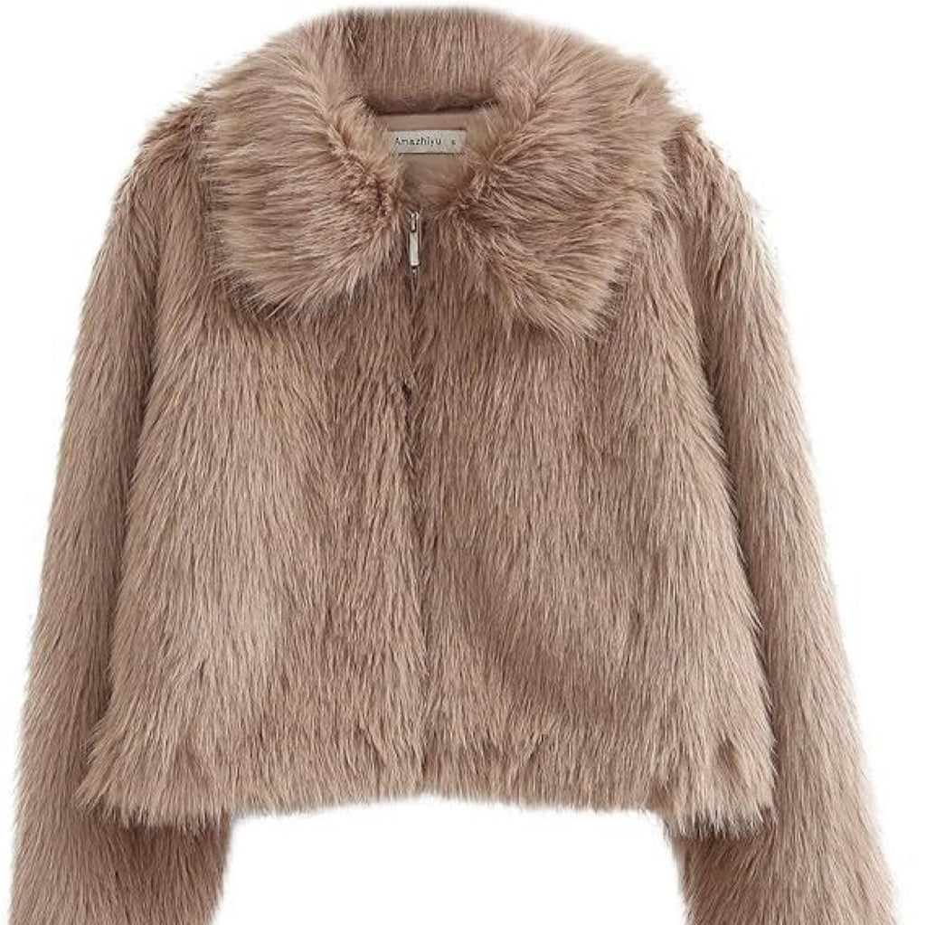 Women's Short Shaggy Faux Fur Blouson with Dense High Pile and Boxy Cropped Fit Fashion Glam